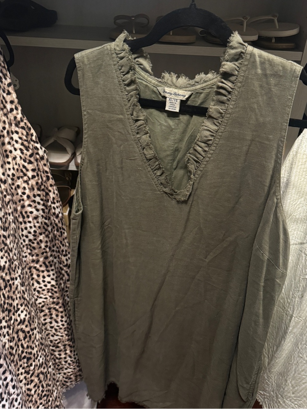 Frayed V-Neck Sleeveless Shift Dress - Olive